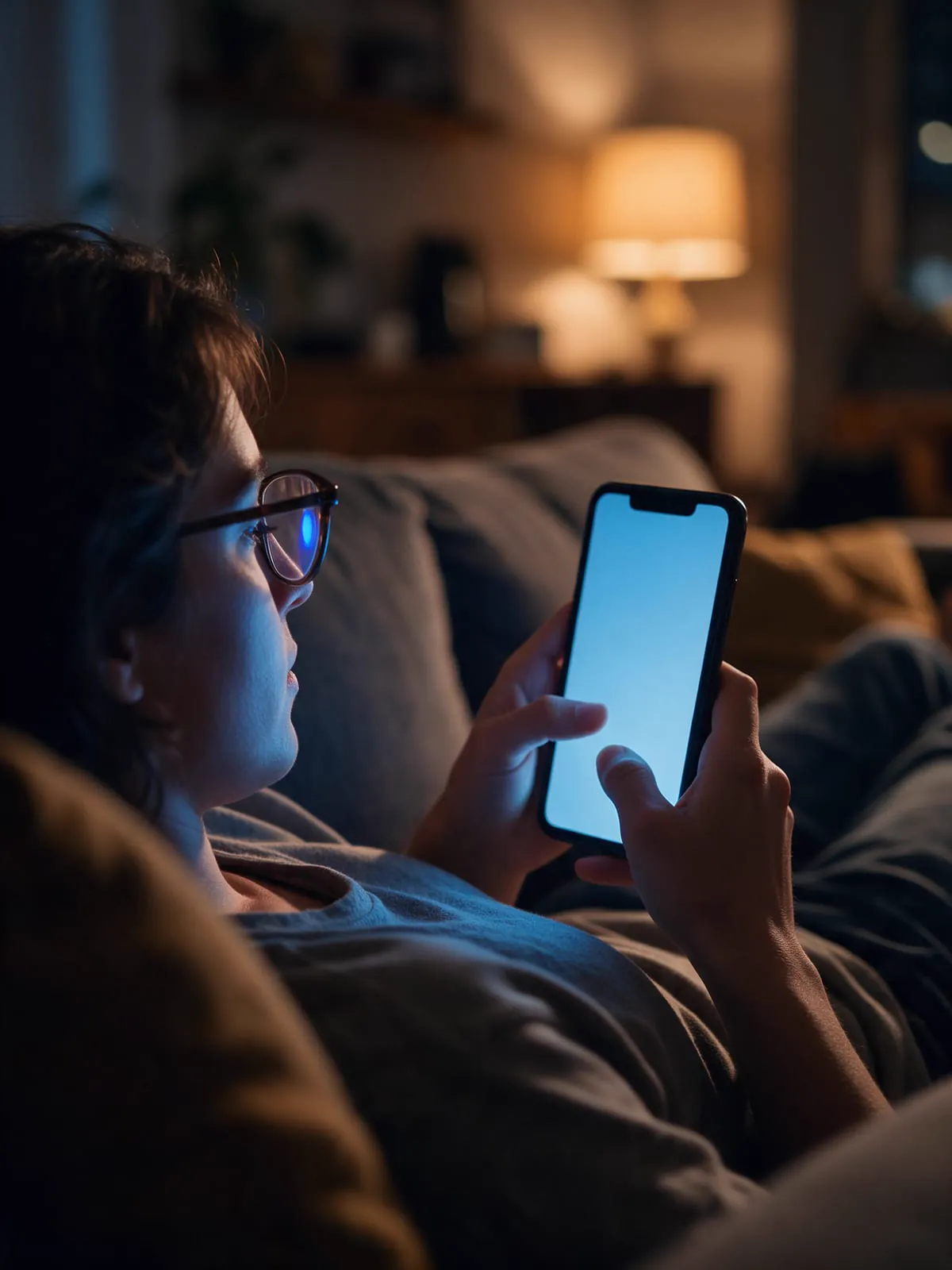 Pessoa usando o celular à noite, com a luz azul da tela no rosto